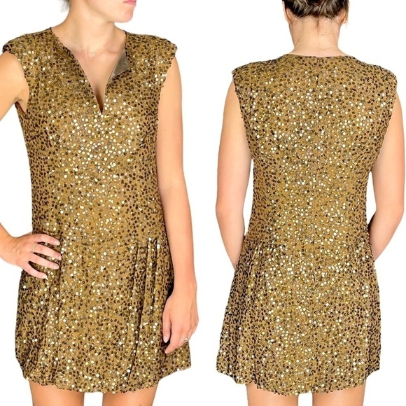 NANETTE LEPORE SEQUIN SILK DROP WAIST GATHERED PLEAT COCKTAIL DRESS - Picture 3 of 17